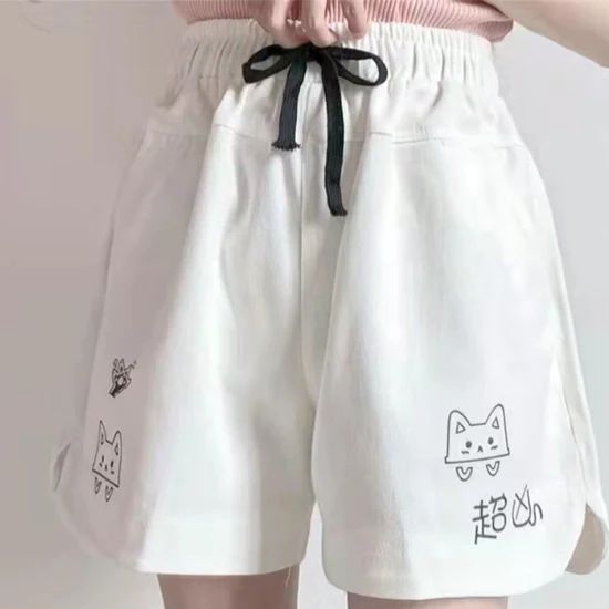 Japanese Harajuku Shorts Harajuku Cotton Bottoms With Pockets, Harajuku Style Cotton Bottoms With Pockets, Cute High Waist Cotton Pants, Harajuku High Waist Cotton Pants, Harajuku Style High Waist Cotton Pants, Harajuku Style Wide Leg Cotton Bottoms, White Harajuku Cotton Pants, White Cotton Harajuku Pants, Cute Cotton Bottoms With Pockets