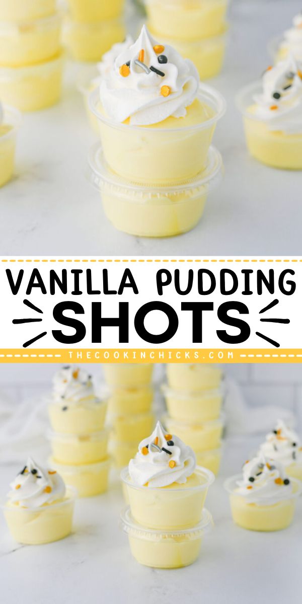 This Vanilla Pudding Shots recipe is easy to make and uses only 4 simple ingredients. The perfect party treat for adults, these pudding shot cups combine creamy pudding with a kick of alcohol for a fun twist on a classic dessert. Yellow Pudding Shots, Vanilla Pudding Shots Recipes, Vanilla Pudding Shots With Vodka, Pudding Shots Cheesecake, Pudding Shots With Malibu Rum, Best Pudding Shots, Vanilla Jello Pudding Recipes, Creamy Shots Alcohol, Vanilla Vodka Jello Shots