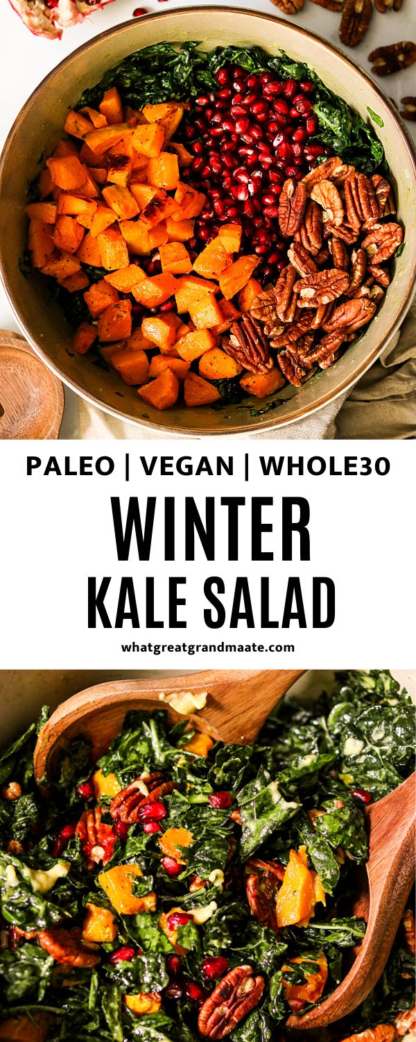 winter kale salad with pecans, carrots and cranberries