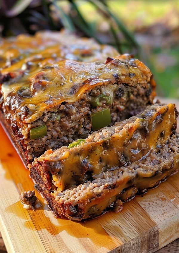 sliced meatloaf with cheese and peppers on a cutting board