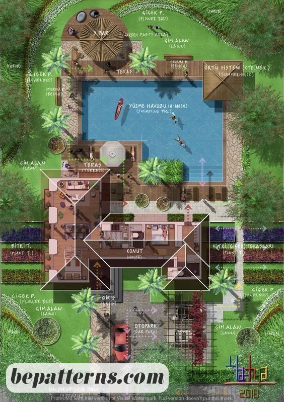 an aerial view of a house with a pool in the middle and lots of trees around it