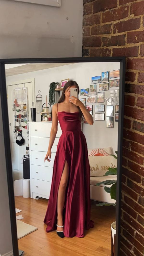 MC196,Spaghetti Straps Red Long Prom Dresses,Satin A-Line Evening Gown Long Prom Dress with Slit on Storenvy Prom Dresses For Redheads Red Hair, Cherry Red Prom Dress, Graduation Dresses Red, Formal Graduation Dress, Sleek Prom Dress, Fancy Dinner Dress, Red Long Prom Dresses, Dark Red Prom Dress, Prom Dresses Satin