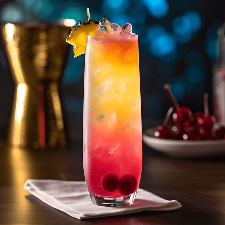 a colorful drink with cherries on the rim and garnished with a star