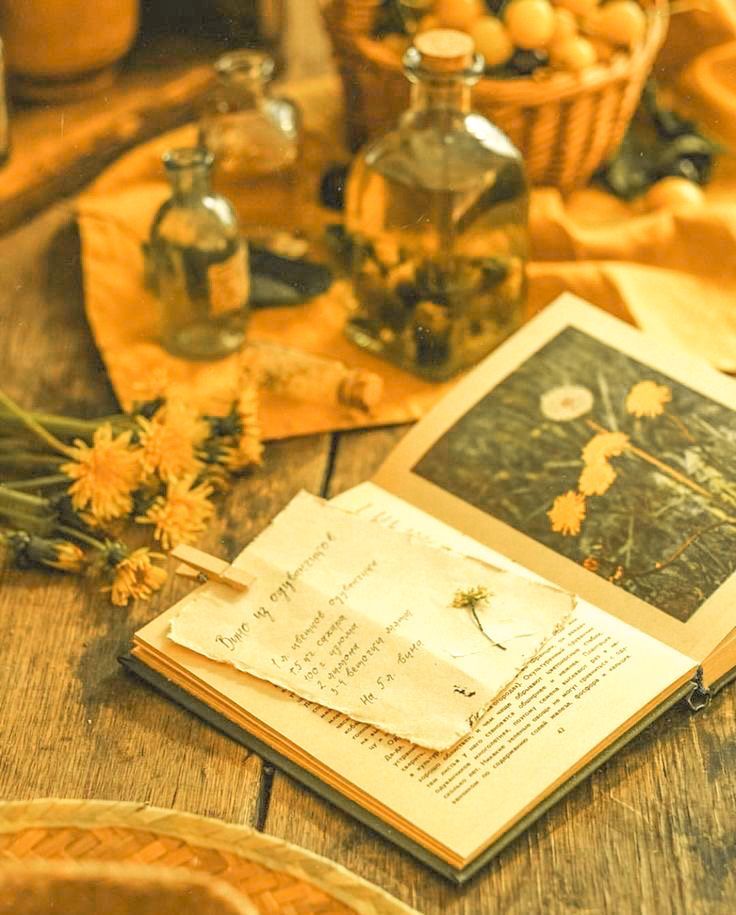 an open book sitting on top of a wooden table next to some yellow flowers and bottles