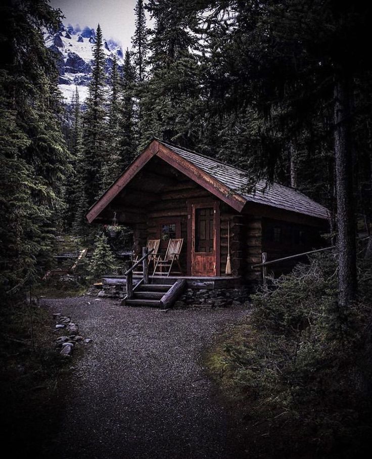 a cabin in the woods with stairs leading up to it