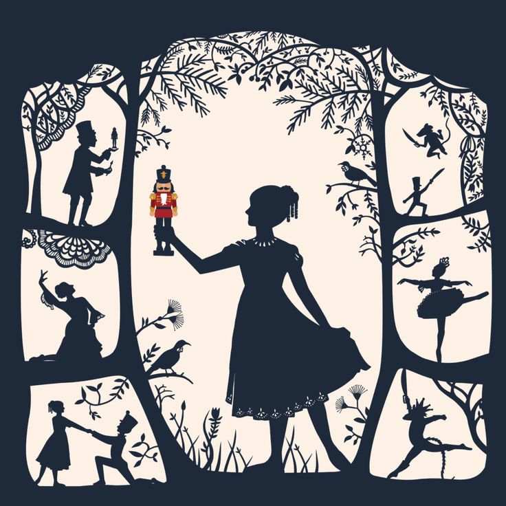 the silhouette of a girl holding a toy in front of a forest with trees and people