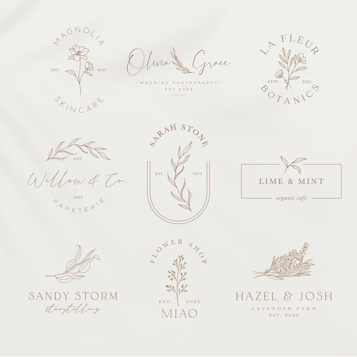 the logos for several different types of flowers and plants are shown in gold foil on a white background