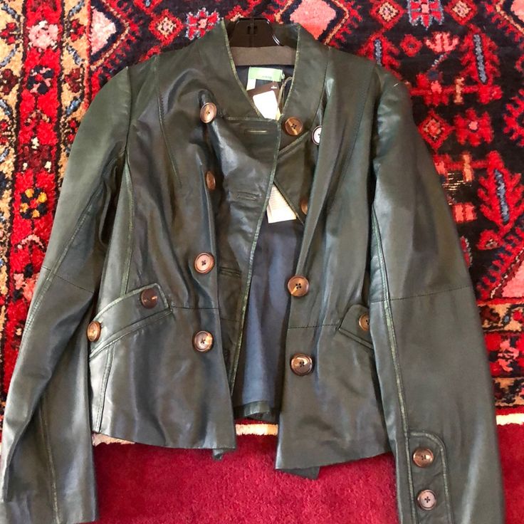 Deep Rich Green Soft Leather With Distressed Seams. Photos Do Not Even Capture A Small Fraction Of How Gorgeous And Fashionable This Jacket Is! Tags Says Size 40 Which In Us Equates To A Medium. Armpit To Armpit 39" Shoulder To Shoulder 19" Sleeves 25" Length Of Garment 24" Rp Casual Fitted Biker Jacket With Buttons, Designer Leather Blazer For Spring, Fitted Leather Jacket With Buttons For Fall, Spring Leather Outerwear With Buttons, Designer Leather Spring Outerwear, Designer Leather Outerwear For Spring, Designer Fitted Leather Jacket With Buttons, Designer Spring Leather Jacket With Button Closure, Spring Fitted Leather Jacket With Button Closure