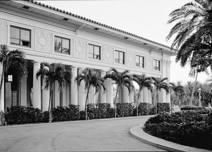 a black and white photo of a building with palm trees