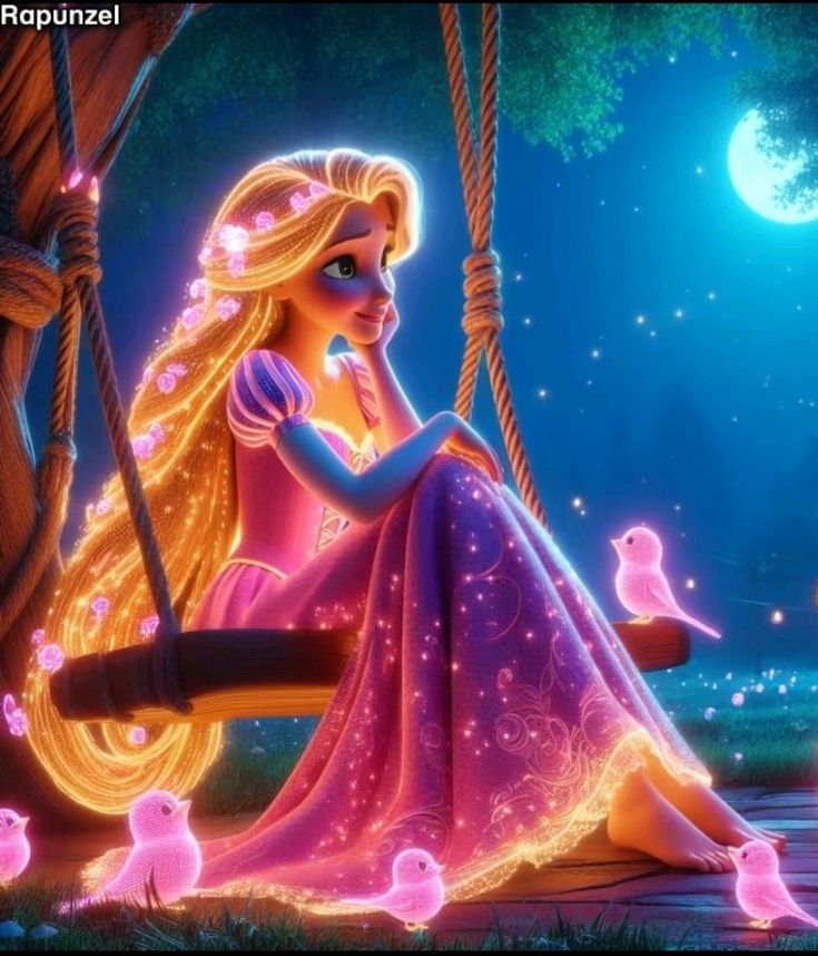 rapunzel is sitting on a swing in the moonlight