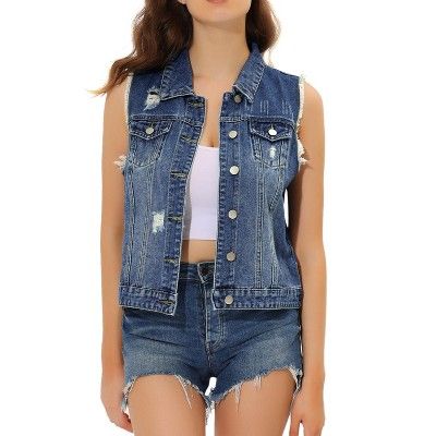 No style conscious feminine wardrobe is complete without the denim vest.
This jacket is offered in a relaxed fit silhouette and timeless and classic details throughout.
This style is finished with a button through front, a collared neckline and two front pockets.
It is the easy-to-wear piece that will see you through holidays, weekends and so much more.
Body size chart shows fitting size, please check your measurements to make sure the item fits before ordering. Medium Wash Vest With Buttons, Washed Sleeveless Denim Jacket For Summer, Sleeveless Washed Denim Jacket For Summer, Sleeveless Dark Wash Summer Outerwear, Denim Blue Vest With Button Closure For Spring, Casual Sleeveless Denim Jacket With Buttons, Sleeveless Denim Jacket With Buttons, Sleeveless Denim Blue Jacket With Buttons, Casual Sleeveless Denim Jacket