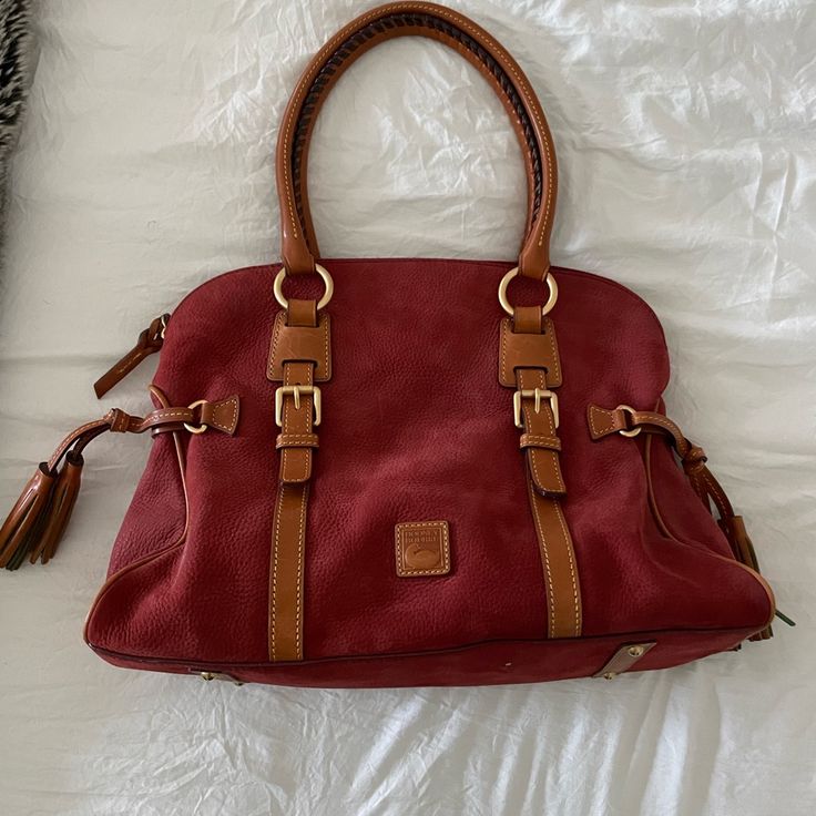 Brand New Burgundy Suede Printed Leather Bag, Plaid Purse, Dooney & Bourke Bag, Dooney Bourke Handbags, Tan Bag, Classic Handbags, Saddle Brown, Dooney & Bourke Bags, Dooney & Bourke