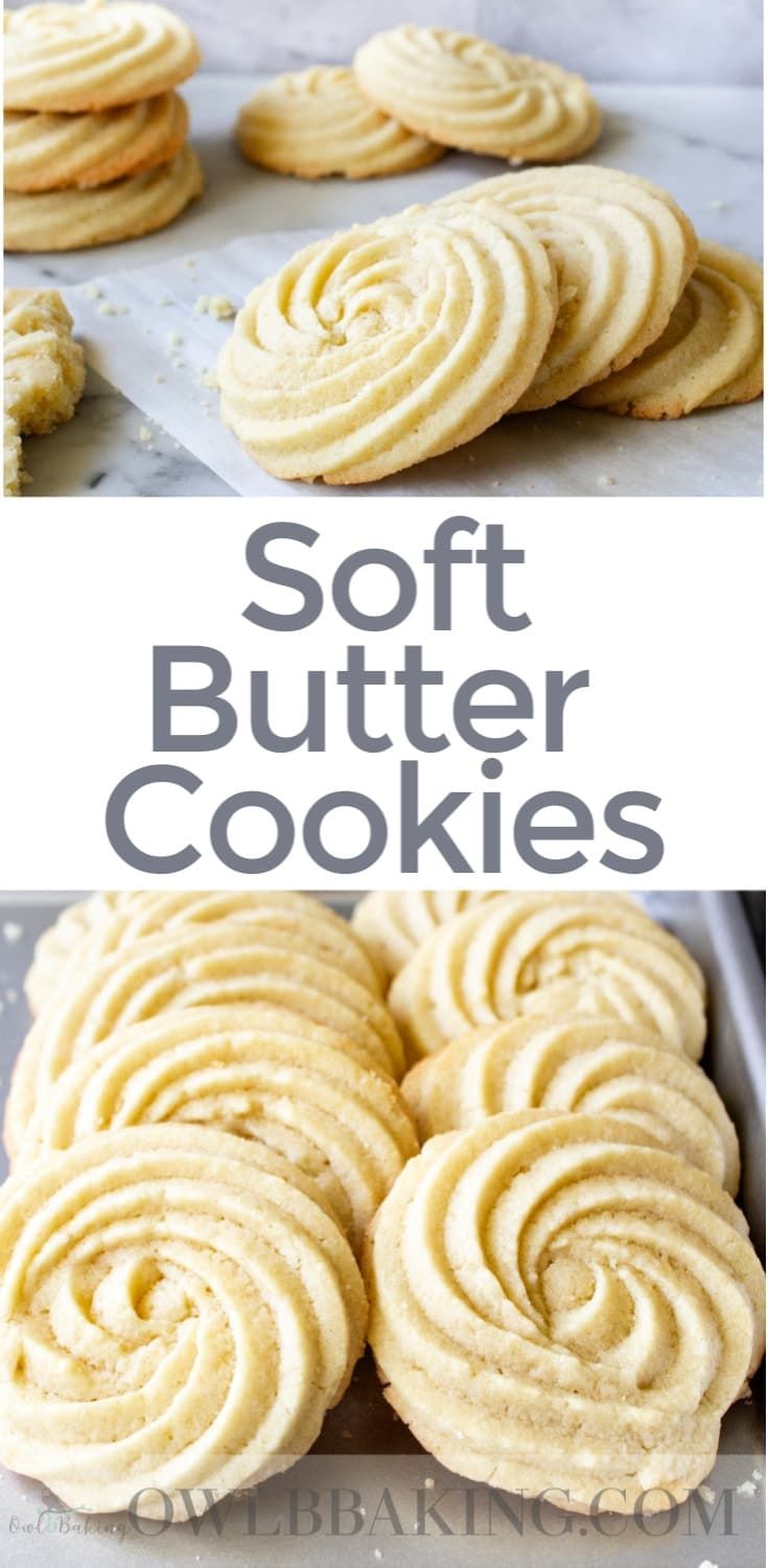 soft butter cookies on a baking sheet with the words soft butter cookies in front and bottom