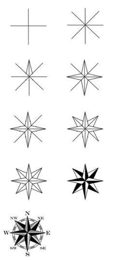 1-Use a ruler and draw a symmetrical cross.2-Draw an Xshape through the cross. Easy Compass Drawing, Draw Compass Easy, Simple Compass Drawing, How To Draw A Compass Step By Step, Compass Drawing Simple, Symmetrical Art Drawing, Nautical Compass Drawing, Compass Drawing Design, Compass Drawings