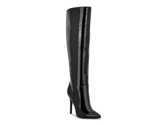 Nine West Taler Boot Trendy Patent Leather Knee-high Boots With Pointed Toe, Sleek Boots With 4-inch Heel For Night Out, Patent Leather Knee-high Boots For Night Out, Knee-high Patent Leather Boots For Night Out, Edgy Fitted Patent Leather Boots, Sleek Pointed Toe Knee-high Boots For Night Out, Trendy Patent Leather Knee-high Boots, Patent Leather High Heel Knee-high Boots For Evening, Knee-high Patent Leather Heeled Boots For Night Out