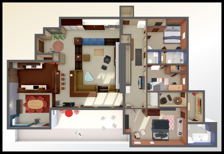 the top view of a living room, kitchen and bedroom floor plan