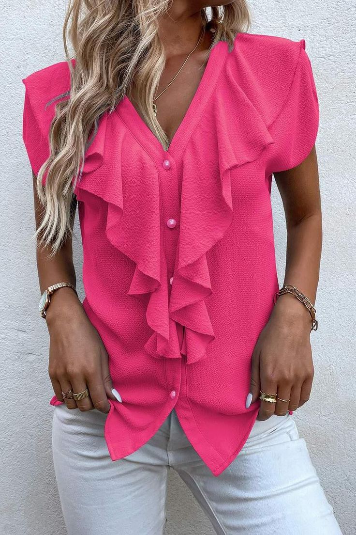 Make a statement in this contemporary Solid Ruffle Trim Blouse. Crafted from 100% Polyester, this luxe piece features a flattering V-neckline and voluminous batwing sleeves, while a button-front design is accented with ruching and a tiered ruffle trim. An elegant garment that effortlessly exudes timeless sophistication and luxury. Sizes: S-XL Casual Cap, Black Hot Pink, Plain Tops, Button Up Blouse, Outfits Casual, Kids Sleepwear, Batwing Sleeve, Ruffle Trim, Blue Fashion