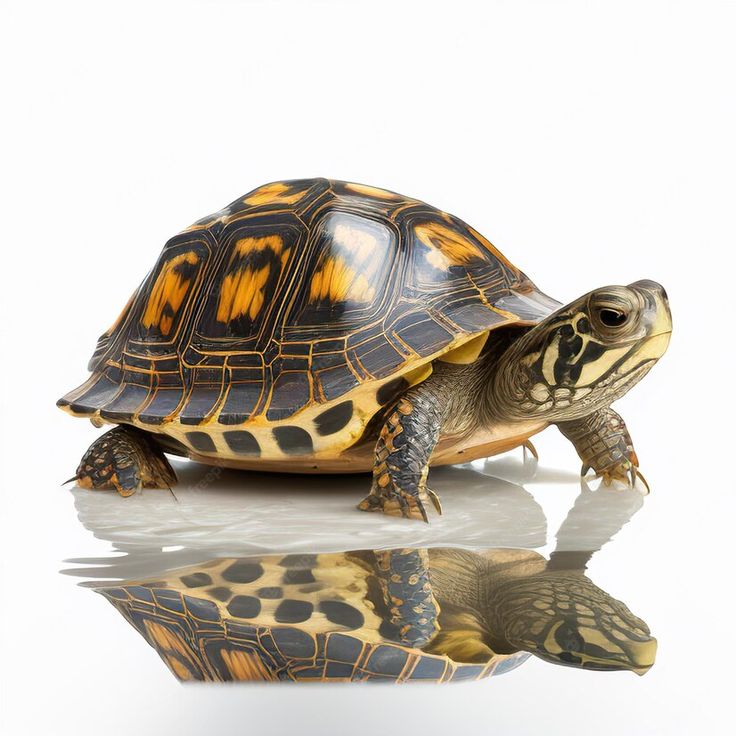 a small turtle sitting on top of a white surface with its reflection in the water