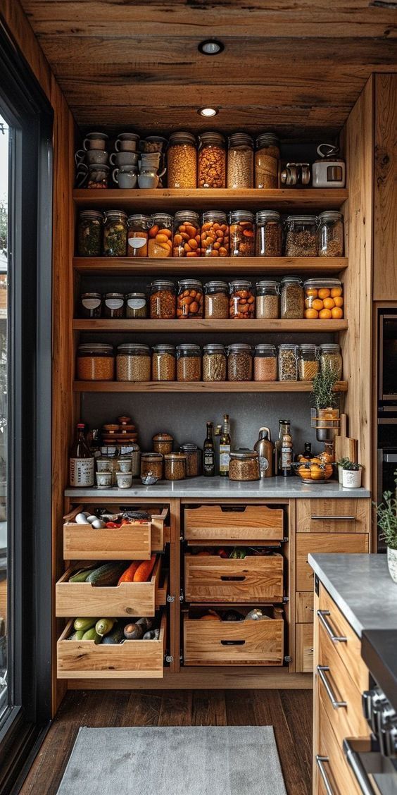 a kitchen with lots of wooden shelves filled with food and containers on top of them