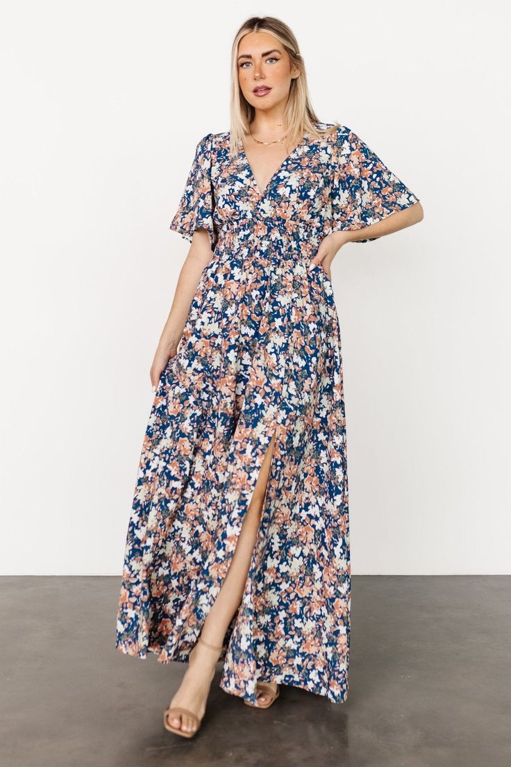 Flowy V-neck Breezy Maxi Dress, Fitted V-neck Breezy Maxi Dress, Flowy Lined Maxi Dress For Casual Wear, Fitted V-neck Maxi Dress With Elastic Waistband, Modest V-neck Maxi Dress For Day Out, Blue V-neck Maxi Dress With Smocked Back, Flowy Midi Maxi Dress With Floral Print, Fitted Chiffon Maxi Dress With Smocked Back, Spring Lined Chiffon Maxi Dress