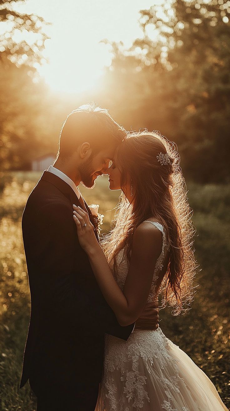 a bride and groom standing together in the grass at sunset with trees in the background