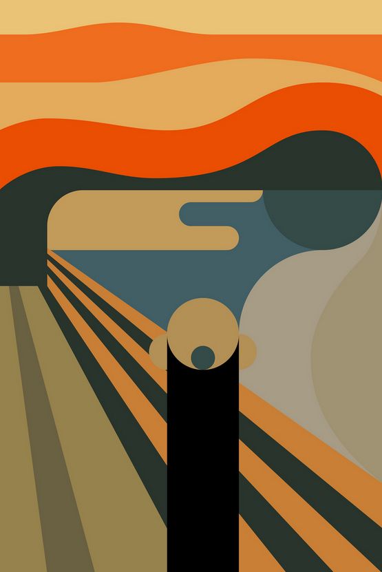 an image of a train going down the tracks with oranges and browns in the background