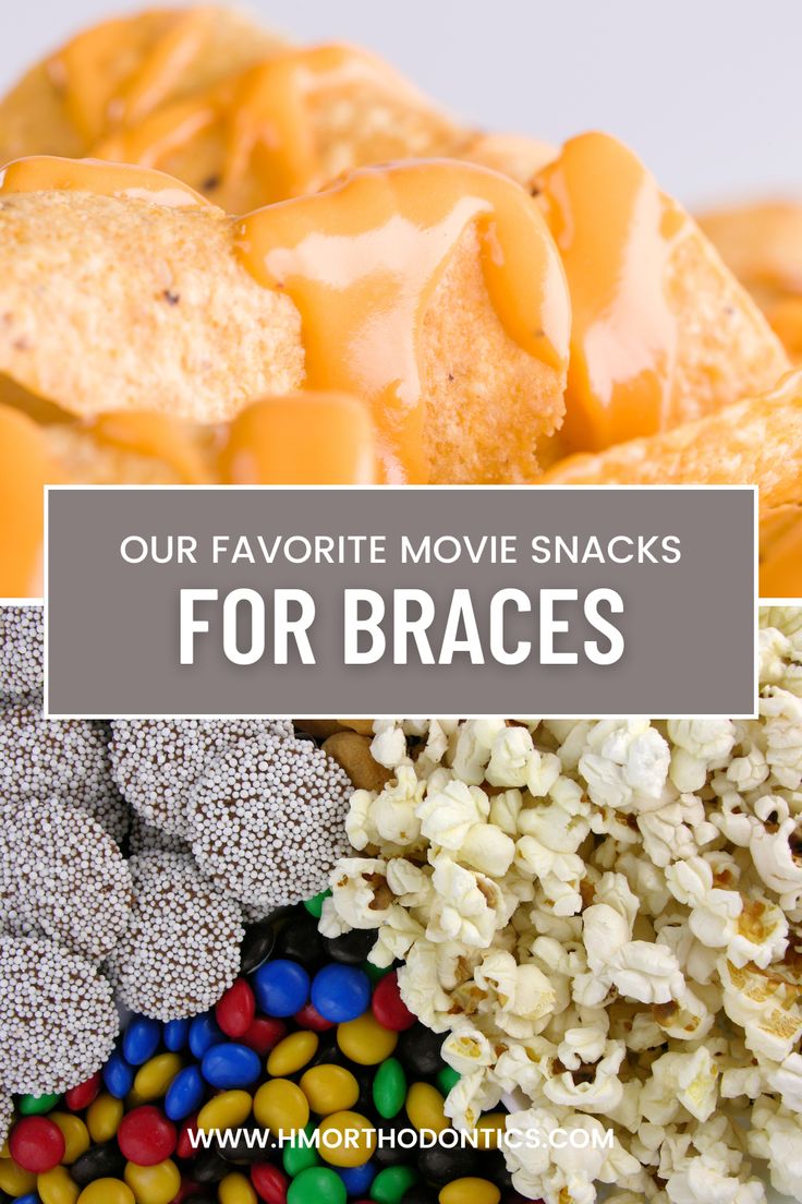 the words our favorite movie snacks for braces are in front of a pile of candy