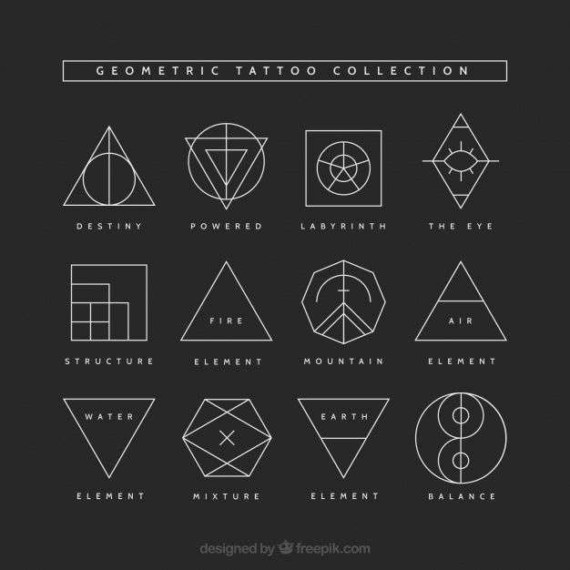 the geometric tattoo collection is shown in white on a black background, and includes symbols for each