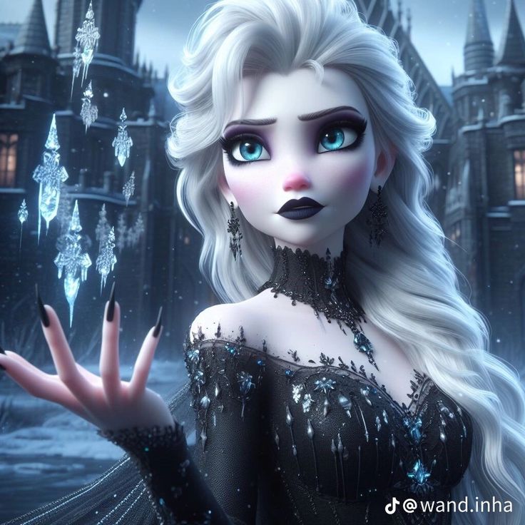 an animated image of a woman with long hair and blue eyes in front of a castle