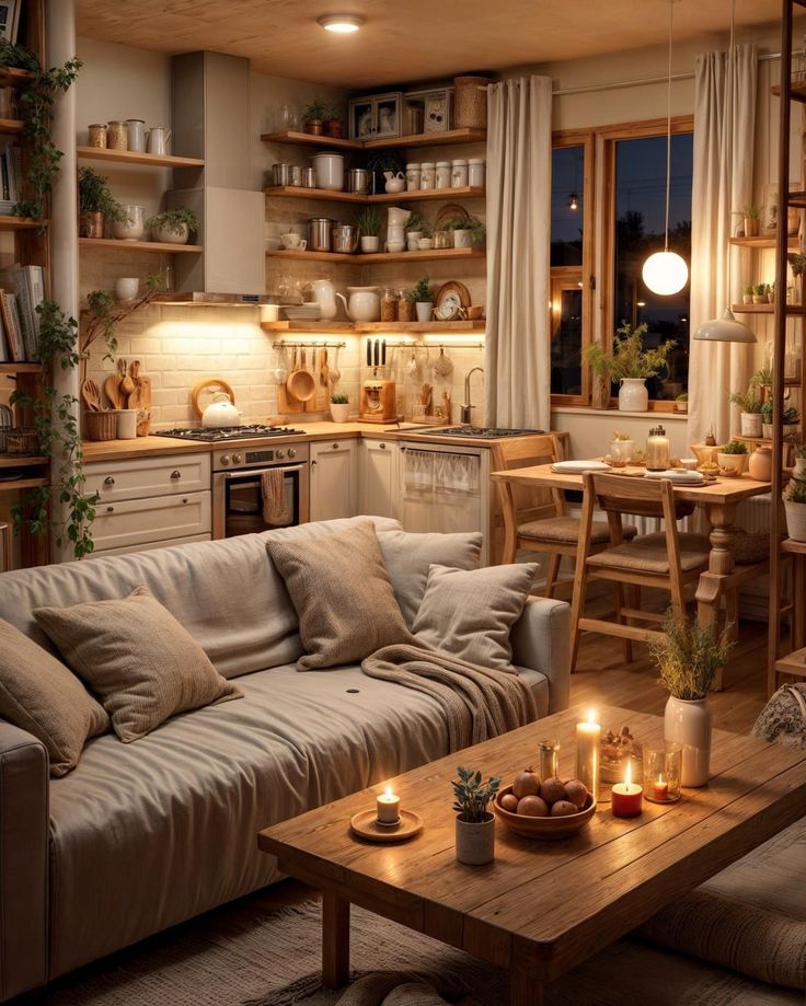 a living room filled with furniture next to a kitchen and dining room table in front of a window