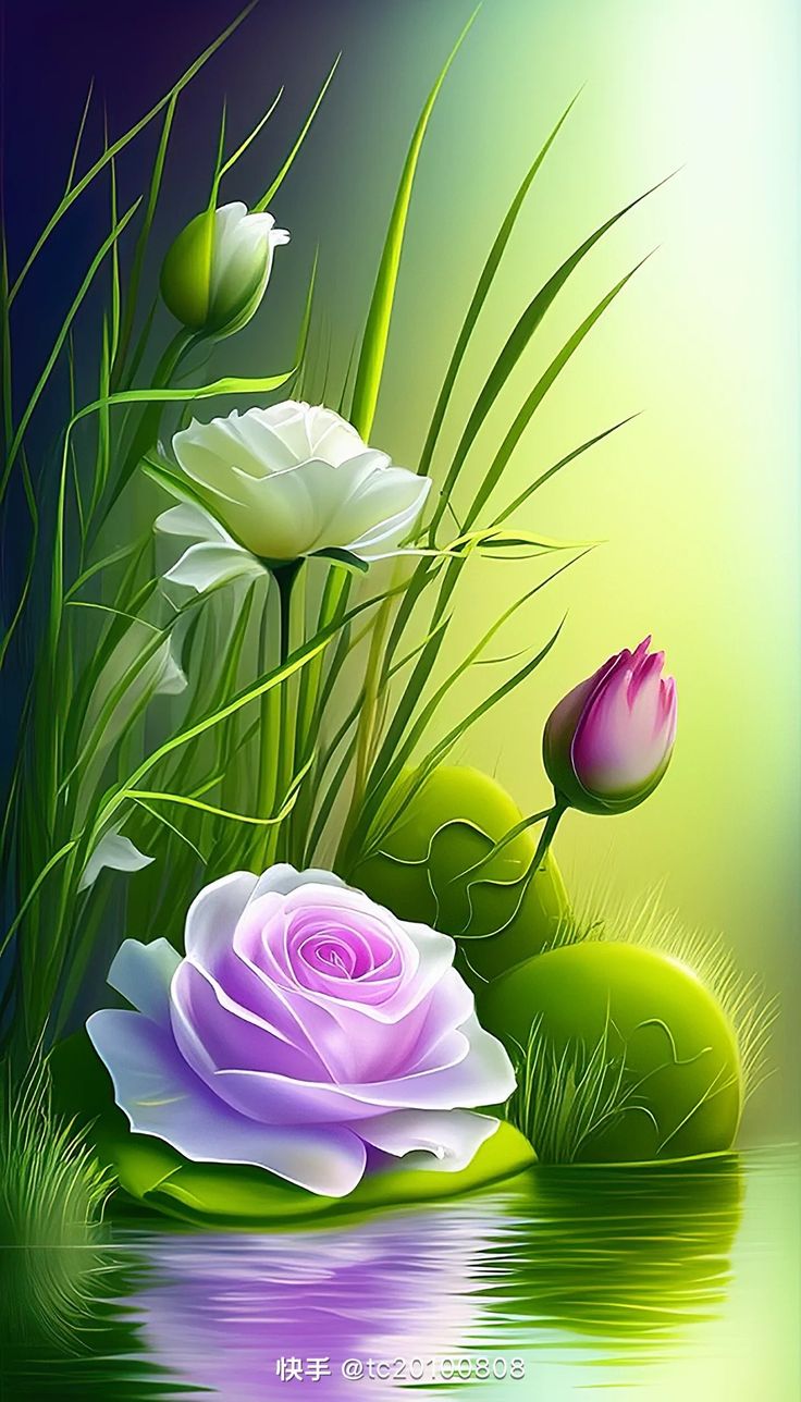 an image of flowers in the water with green grass and reeds around them on a bright background