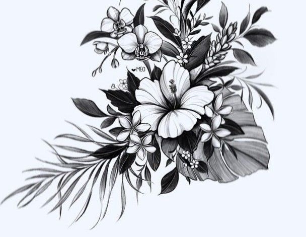 black and white drawing of flowers with leaves