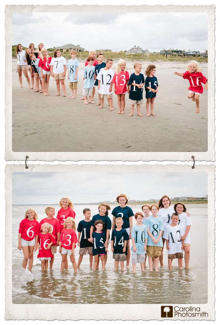 two pictures of people standing in the water at the beach with numbers on their shirts