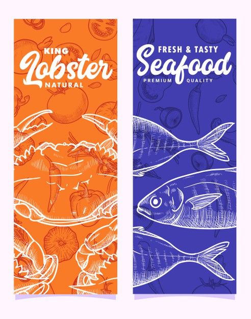 two vertical banners with fish and sea food on blue and orange background, one is for king lobster seafood