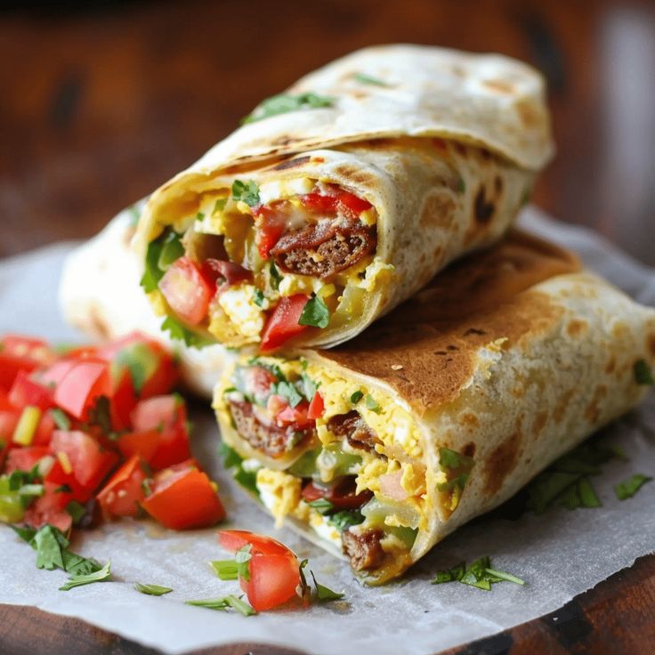 two burritos with meat, cheese and vegetables