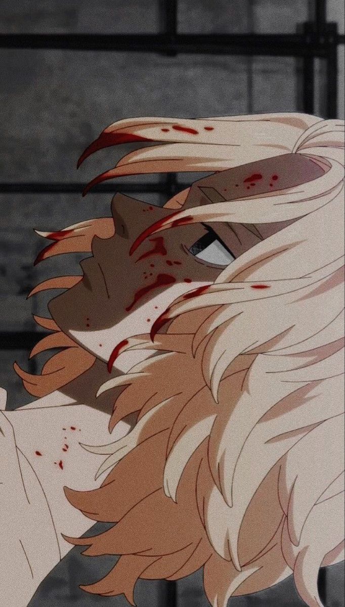 an anime character with long white hair and blood on it's face looking at something