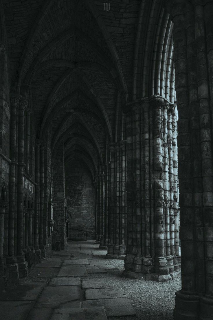 an old gothic - style building with stone columns and arches is shown in black and white