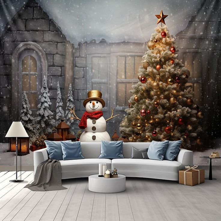 a living room with a christmas tree and snowman