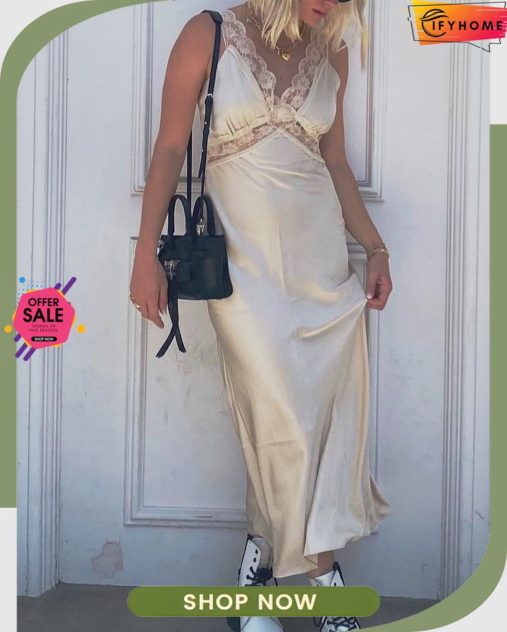 Casual Plain Dress Chic A-line Maxi Dress For Party Season, Beige Midi Dress For Summer Evenings, Elegant A-line Slip Dress For Brunch, Chic A-line Slip Dress For Brunch, Chic Long Beige Dress, Chic Beige Long Dress, Chic Beige Maxi Dress, Spring V-neck Dress For Going Out, Feminine Sleeveless Slip Dress For Day Out