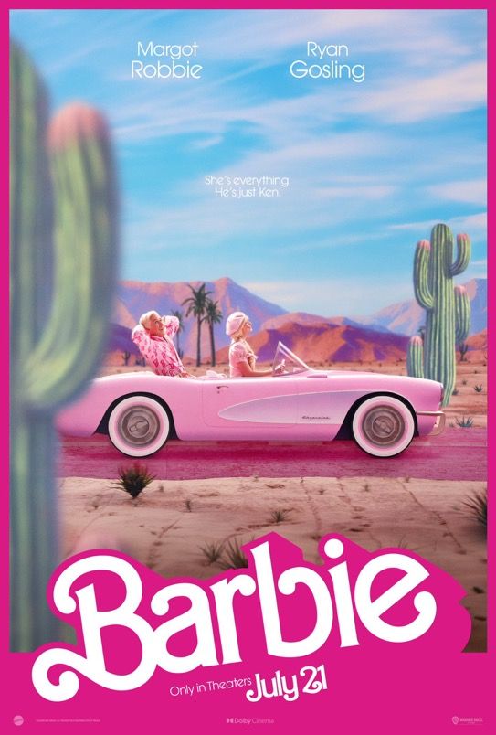 a movie poster for barbie and the city of a thousand stars featuring two women in a pink convertible car