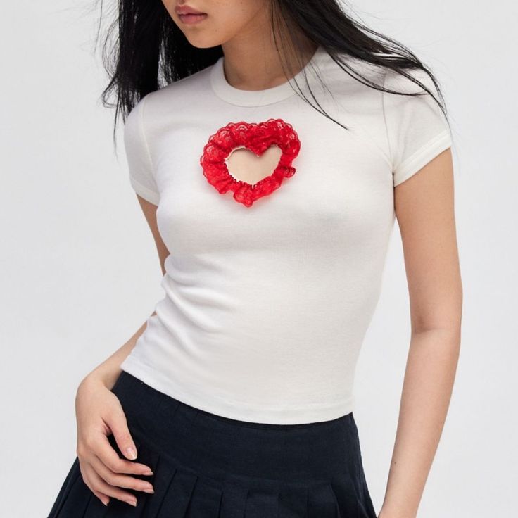 Nwt Kimchi Blue Lace Heart Baby Tee By Urban Outfitters. Red Heart Graphic Top For Spring, Red Tops With Heart Graphic For Spring, Cute Red Tops For Valentine's Day, White Tops With Heart Graphic For Valentine's Day, Cute Fitted Top For Valentine's Day, Trendy Red Top With Heart Print, Fitted White Tops With Heart Graphic, Cute White Top With Heart Graphic, Red Heart Graphic Top For Valentine's Day