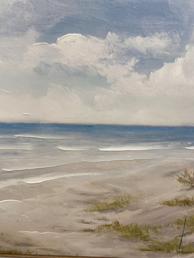 an oil painting of a beach scene with the ocean in the background and clouds in the sky