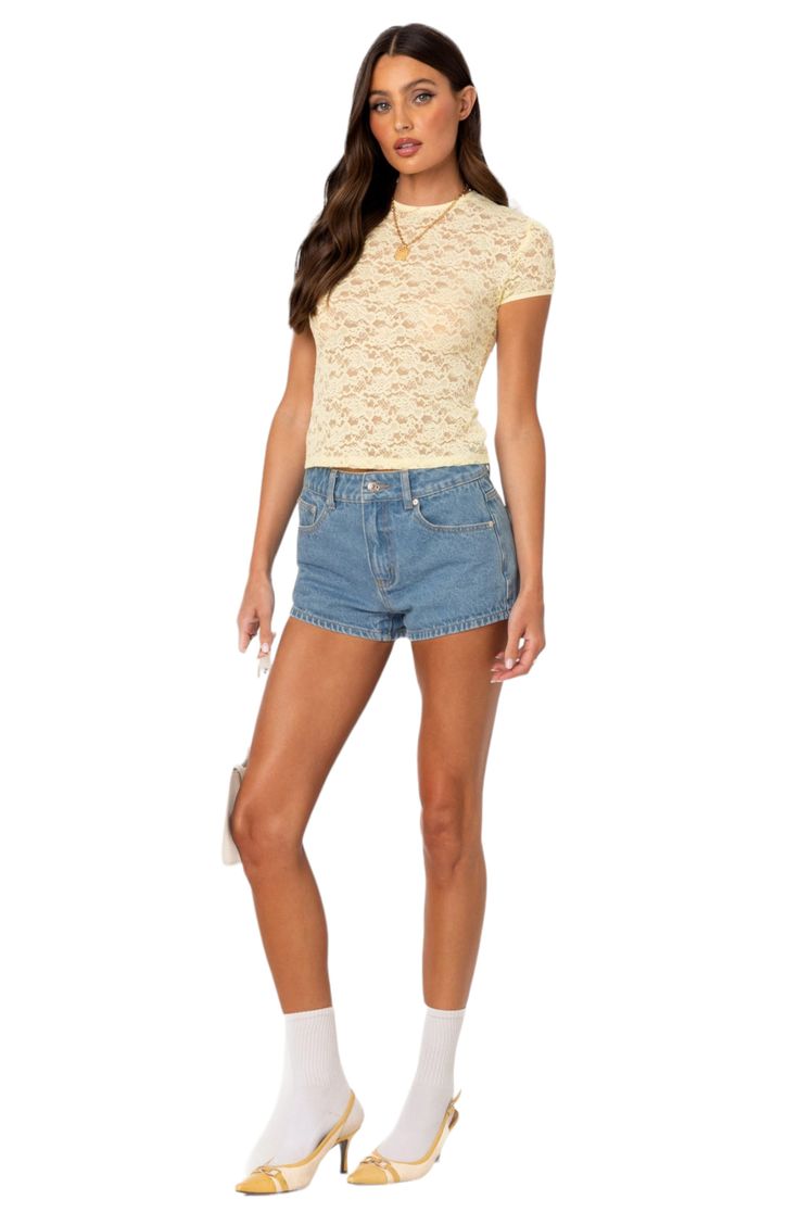 Cute cap sleeves frame the dainty jewel neck on a sheer T-shirt fashioned from floral lace. Jewel neck Cap sleeves 95% polyester, 5% spandex Machine wash, dry flat Imported Fitted Short Sleeve Lace Top T-shirt, Summer Lace Top Short Sleeve T-shirt, Lace Insert Tshirt, Spring T-shirt With Lace Trim And Crew Neck, Short Sleeve Cotton T-shirt With Lace Trim, Cute Cap, Cute Caps, Yellow Fits, Lace Tshirt