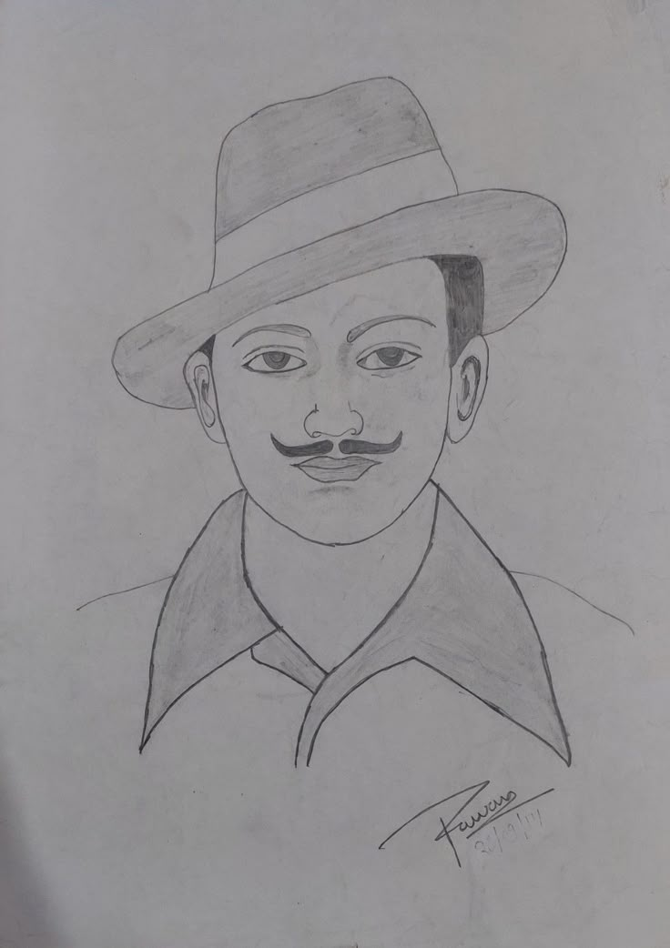 a drawing of a man with a mustache and a fedora on his head is shown