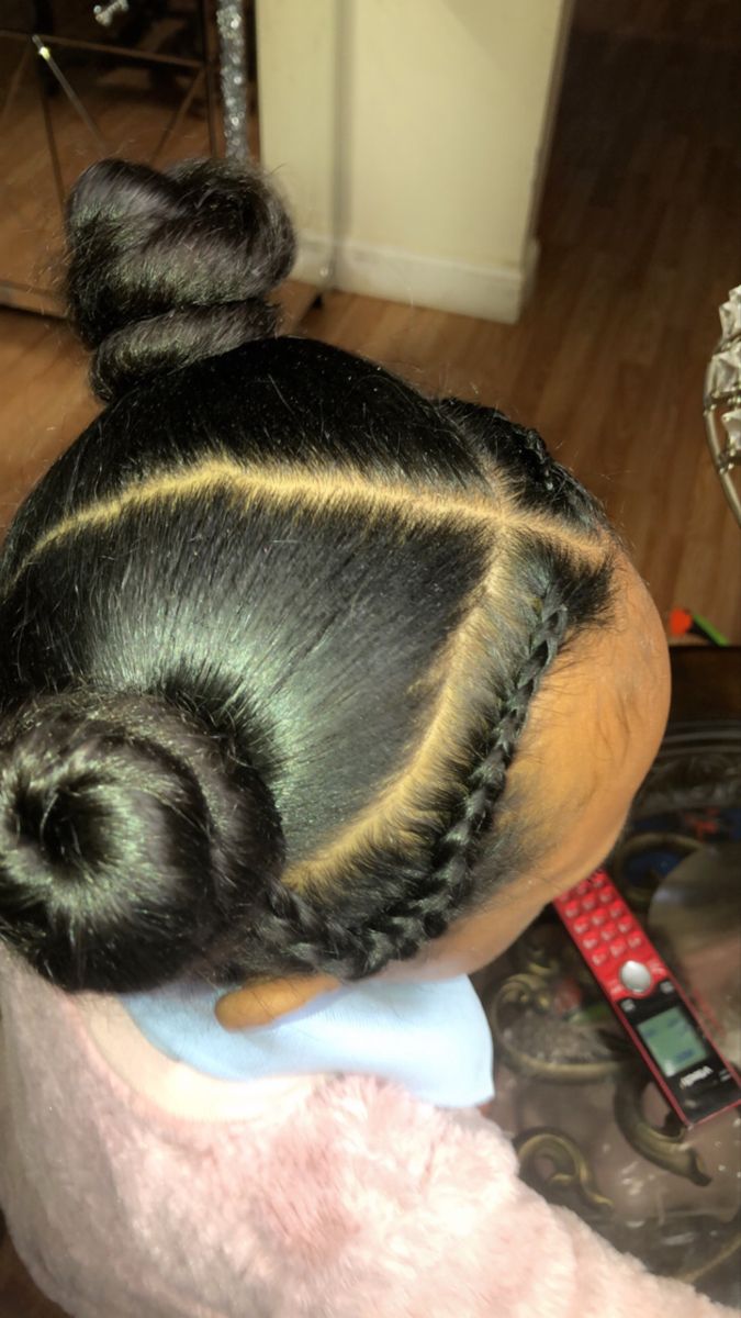 Two buns with braids Straight Back Braids Into Two Buns, Two Buns With Braids, 2 Braids Low Bun Natural Hair, 2 Buns With Braids, Braids Going Back Into A Bun, 2 Braids Into A Bun, Two Braids Into Bun, Bun With Heart Braids, Braided Bun With Heart