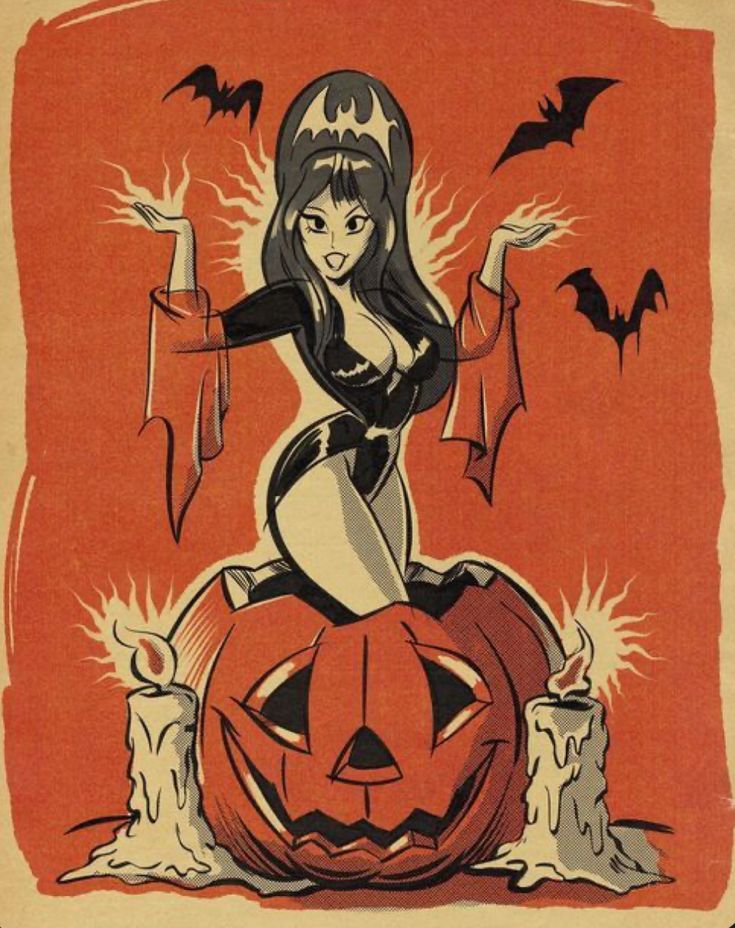 a drawing of a woman sitting on top of a jack - o'- lantern