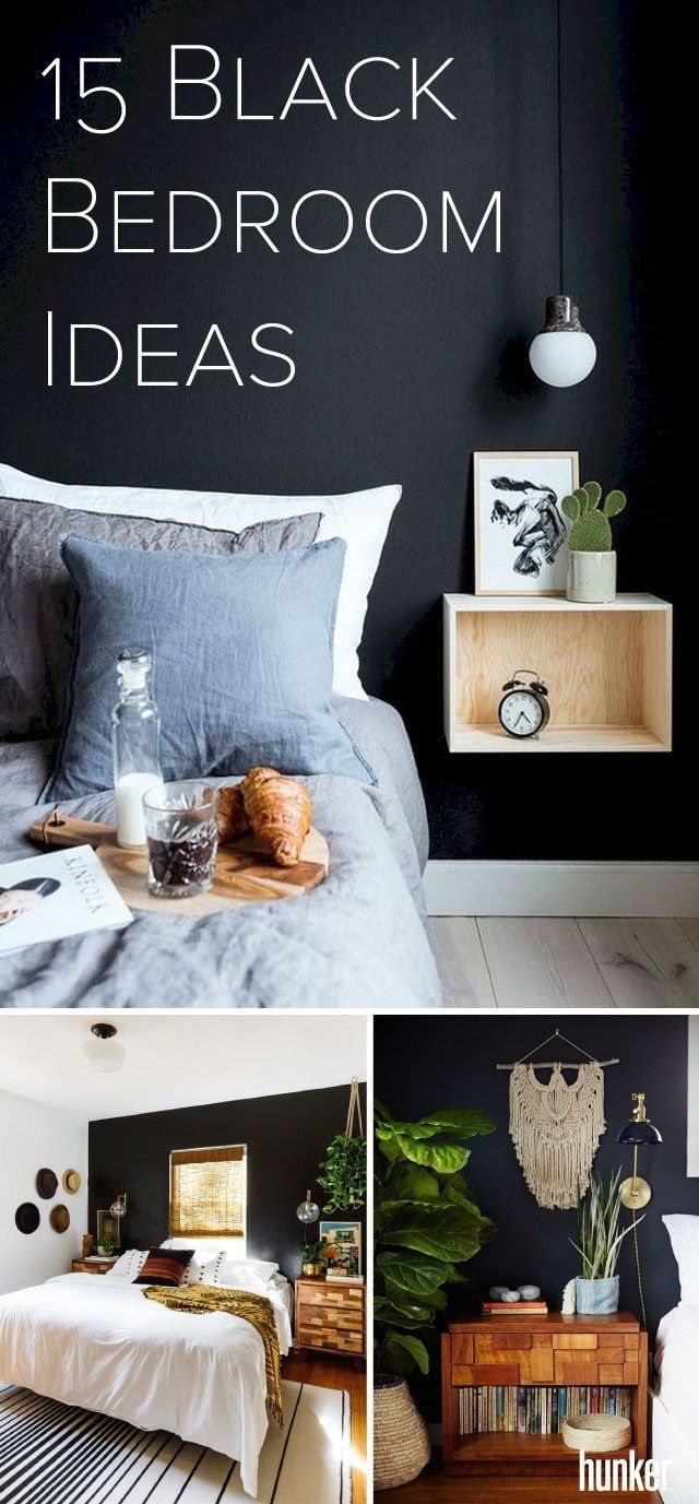 black and white bedroom decor with text overlaying the top right photo is an image of