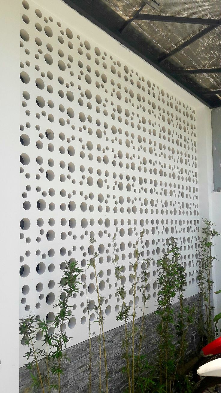 the wall is covered with holes and plants