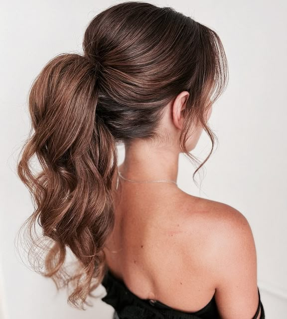 Homecoming Hair Updos Ponytail, Brids Mades Hair Styles Ponytail, Mid Ponytail Wedding Hair, Messy Ponytail Bridesmaid, Updos For Medium Length Hair Ponytail, Hoco Hair Updo Ponytail, Bridesmaid Hair Ponytail Messy Pony, Ponytail For Wedding Bridesmaid, Bridesmaid Hairstyle Ponytail