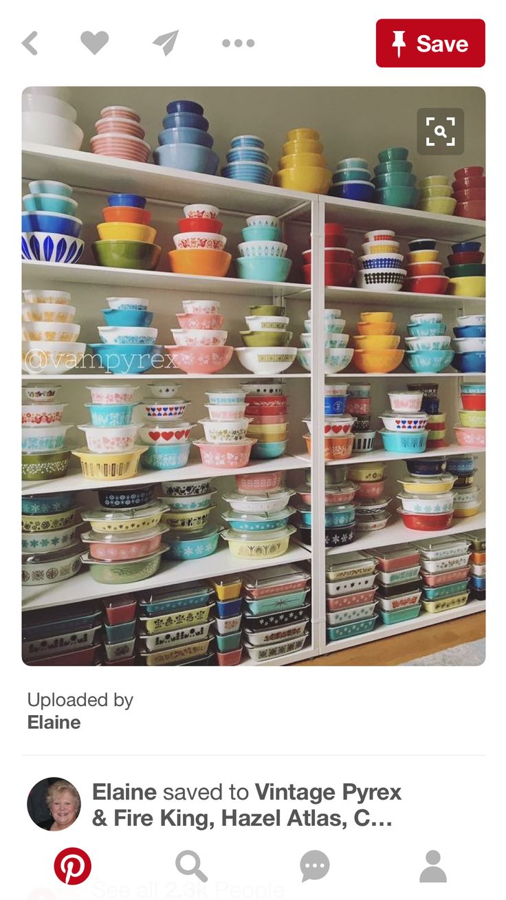 the shelves are full of colorful bowls and plates